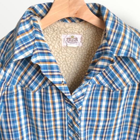 Vintage Prior Western Skacket Plaid Faux Shearling Lined Pearl Snap Workwear 38 - Picture 4 of 15